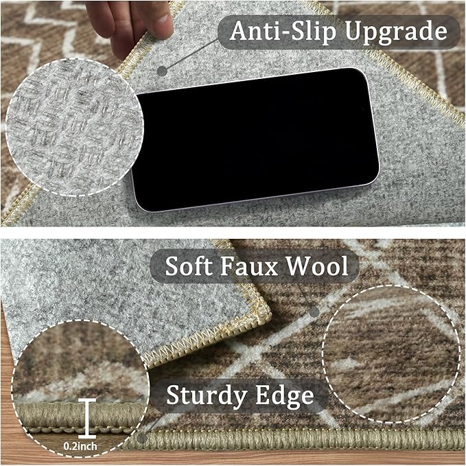 2x8 Machine Washable Runner Rug, Kitchen Hallway Area Rug, Brown Vintage Moroccan Rug Ultra Non-Slip Low Pile Soft Faux Wool Carpet, Kids and Pets Friendly for Bedroom Entryway Bedside Decor Rug