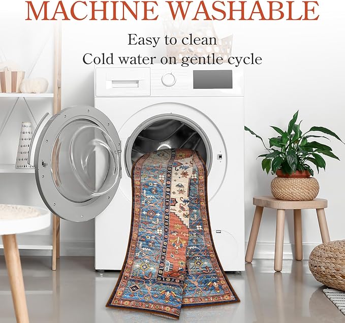 Lahome Boho Washable 4Ft Round Area Rug, Non-Slip Throw Untra-Thin Small Round Carpet, Oriental Vintage Distressed Circle Rug for Bedroom Kitchen Dining Living Room Office, 4x4/Rust