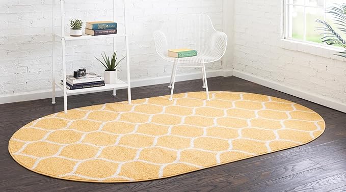 Rugs.com Lattice Frieze Collection Rug – 3' 3 x 5' 3 Oval Yellow Medium Rug Perfect for Living Rooms, Large Dining Rooms, Open Floorplans