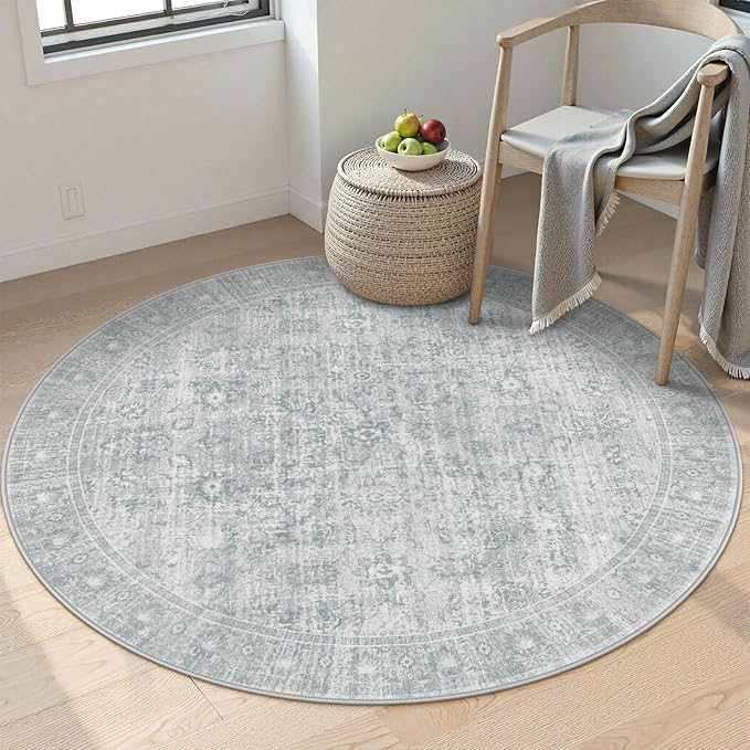 LIVEBOX Washable Area Rug 4ft Boho Round Rug Traditional Rugs for Bedroom, Ultra-Thin Retro Carpet Grey Print Distressed Accent Circle Rugs for Nursery Room Entryway Foyer