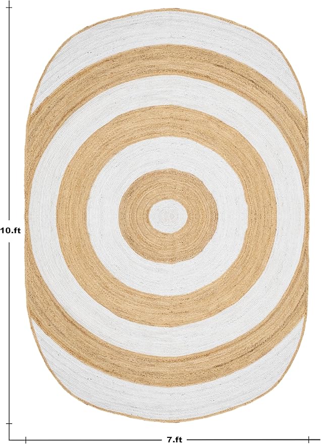 2.6x22 Oval Kilim Jute Runner – Oval Handmade Boho Rug, Flatweave Natural Jute, Solid White Beige 0.27" Thick Runner for Corridor, Entryway, Staircase, Hallway