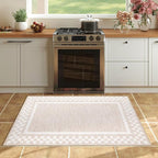Small Area Rug 2x3 Modern Checkered Entry Rug Solid Color Scalloped Kitchen Rugs Washable Bedroom Doormat Non Slip Stain Resistant Bordered Throw Carpet for Living Room Nursery Laundry, Beige