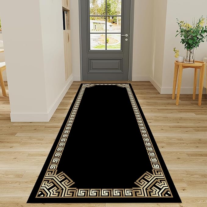 Greek Key Runner Rugs, 4x10ft, Vintage Traditional Tribal Black and Gold Color Stain Resistant Long Rug Runners, Entryways Non Slip Washable Sturdy Room Decor Mat for Kitchen Bedroom