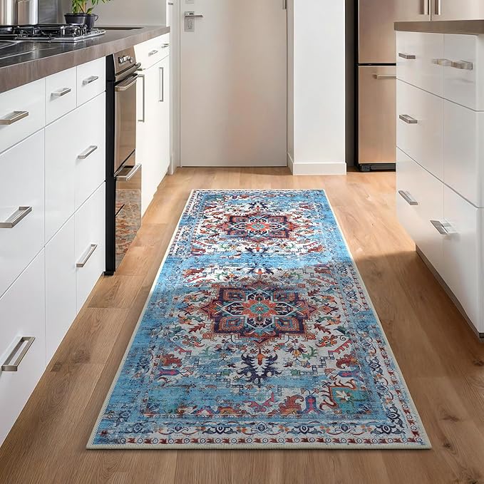 GLN Rugs Traditional Collection - Machine Washable Area Rug, Traditional Washable, Non Slip, Low Pile Chenille Rug, Living Room, Bedroom, Kitchen Rug (2'6" x 10' Blue/Multicolor)
