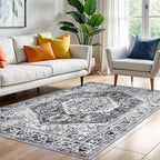 KOZYFLY Area Rug 4x6 Ft Washable Rugs for Entryway Non Slip Kitchen Mats for Floor Rugs for Living Room Printed Faux Wool Vintage Throw Rug for Entrance Bedroom Kitchen Living Room, Grey