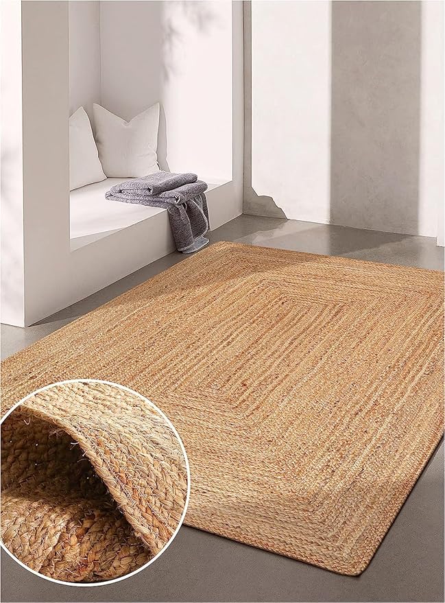 KEMA Jute Braided Area Rug, 4x6 Feet (48x72 Inches) - Rustic Vintage Braided Reversible Rectangular Rug, Shag Rugs for Bedroom, Jute Kitchen Rug, Living Room Rugs