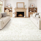 Vintage Living Room Area Rug - 9x12 Large Machine Washable Boho Area Rug Distressed Floral Rugs for Bedroom, Soft Non-Slip Indoor Floor Accent Rugs for Office Dining Room (Cream Beige, 9'x12')