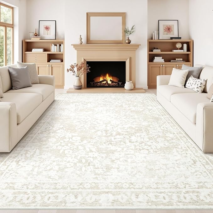 Vintage Living Room Area Rug - 9x12 Large Machine Washable Boho Area Rug Distressed Floral Rugs for Bedroom, Soft Non-Slip Indoor Floor Accent Rugs for Office Dining Room (Cream Beige, 9'x12')