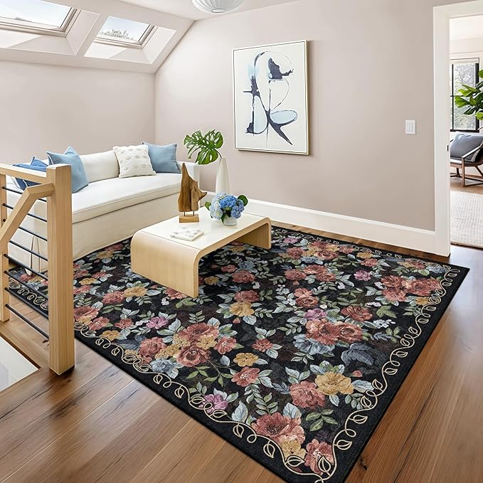 5x8 Machine Washable Area Rug for Living Room, Black Vintage Boho Floral Rug Large Non-Slip Low Pile Soft Faux Wool Carpet, Kids and Pets Friendly for Bedroom Dining Room Farmhouse Home Decor Rug