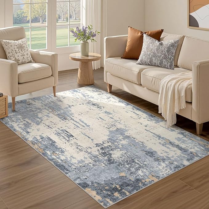 3x5 Area Rug Living Room Rugs - Washable Neutral Modern Abstract Soft Thin Rug Indoor Floor No Slip Rug Carpet for Bedroom Under Dining Table Home Office Decor - Blue/Light Brown