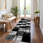 Distressed Checkered Runner Rugs, 2x8ft, Washable Runner Rug with Rubber Backing, Soft Vintage Geometric Black Grey Floor Carpet for Front Door Home Office