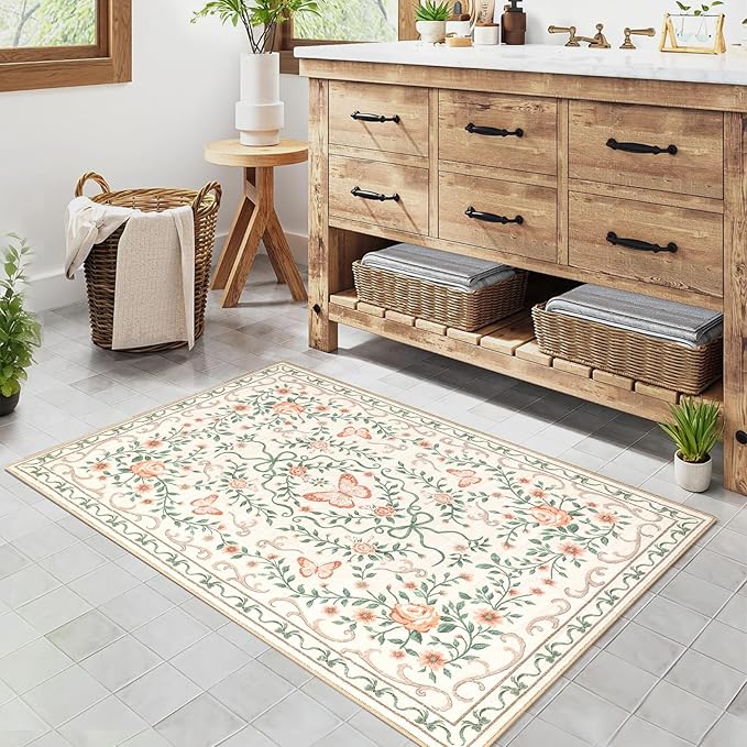 GarveeHome 2x3 Floral Area Rug Non Slip Entryway Mat Low Pile Stain Resistant Butterfly Kitchen Rugs Soft Small Throw Carpet for Dining Room Bedroom Washable Bow Rugs for Living Room Bathroom, 2x3