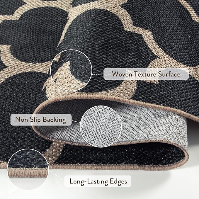 Lahome Moroccan Easy Jute Runner Rug, Black Washable Runner Rugs for Outdoor Porch Hallway, Geometric Trellis Woven Long Carpet for Doorway, Thin Non Slip Outdoor Decor, 2'6'' x 8'