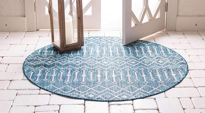 Unique Loom Outdoor Trellis Collection Area Rug - Tribal Trellis (4' 1" Round, Teal/ Ivory)