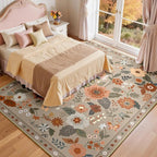 Floral 9x12 Area Rug Machine Washable Soft Print Boho Carpet Non Slip Doormat Low Pile Flower Area Rugs for Living Room Bedroom Nursery Kitchen Dining Room Indoor-Brown/Brick