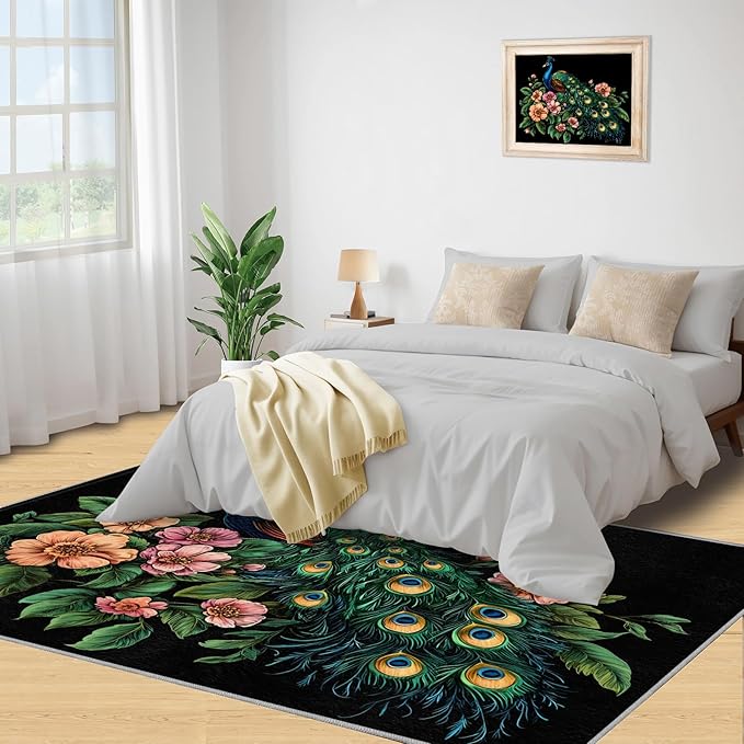 Peacock Peony Rugs for Bedroom - 2x3 Rug, Classic Peacock Peony Area Rugs for Living Room, Teal Turquoise Carpet, Floral Plant Washable Area Mat, Aesthetics Carpet - Peafowl Home Decor & Gifts