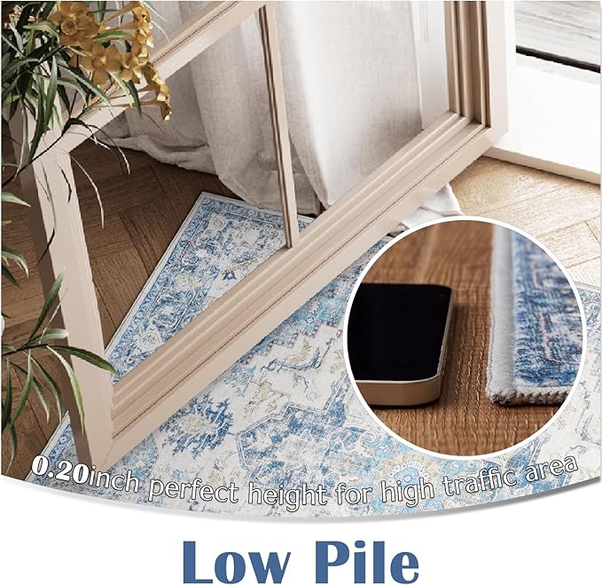 jinchan Kelda Runner Rug 2x6 Washable Rug Soft Hallway Runner Indoor Vintage Print Floor Cover Retro Distressed Lightweight Non-Slip Thin Carpet for Bathroom Kitchen Living Room Bedroom Blue