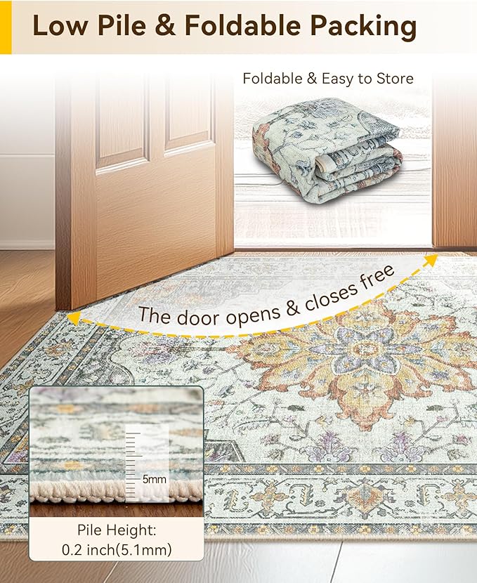 Area Rugs Square 7ft Washable Non-Slip, Floral Vintage Distress Print Pattern Medallion Carpet for Living Room Bedroom Dining Room, Light Yellow Carbon Grey Orange