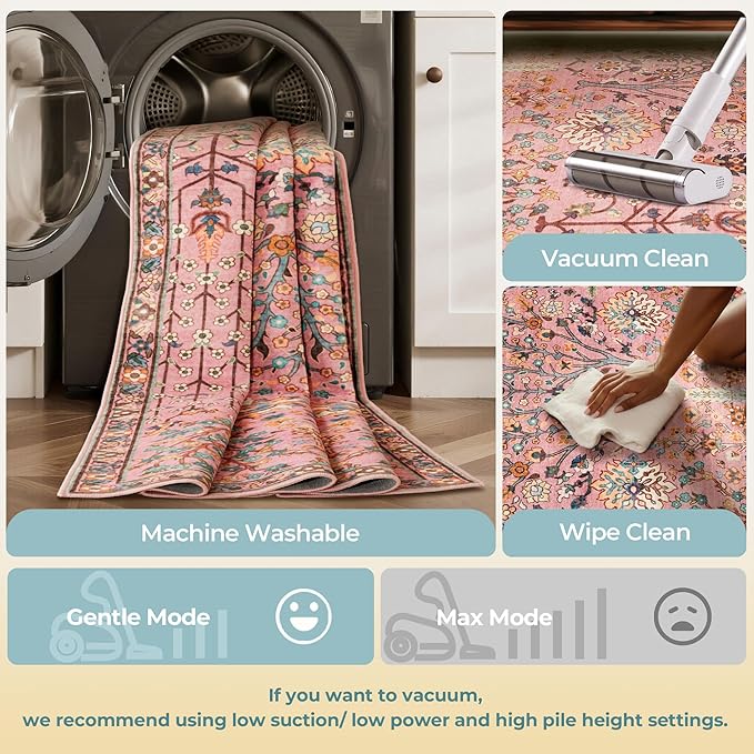 Kokia Boho Vintage Floral Area Rugs, Washable Oriental Botanical Rugs for Living Room, Bedroom, Dining Room, Office, Large Soft Indoor Area Rug, Rosette Pink，9x12