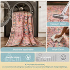 Kokia Boho Vintage Floral Area Rugs, Washable Oriental Botanical Rugs for Living Room, Bedroom, Dining Room, Office, Soft Indoor Area Rug, Rosette Pink，6x9