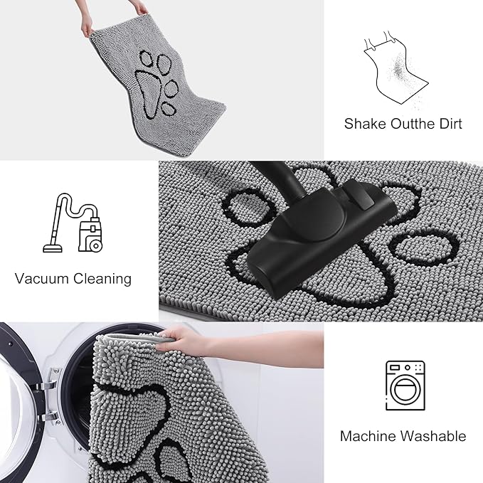 Smiry Dog Door Mat for Muddy Paws, Absorbent Dirt Trapper Non Slip Quick Dry Washable Chenille Mat for Mud Dogs, Entry Rug for Indoor and Outdoor (34x21 Inches, Grey and Black)
