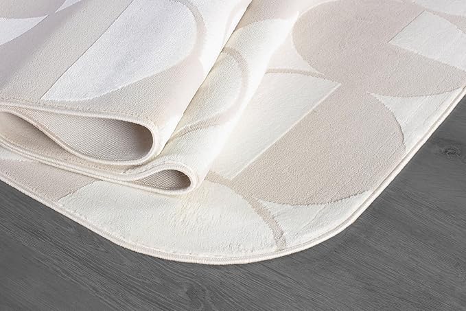 Beverly Rug Modern Geometric Area Rug 8x10 Low-High Pile Durable Soft Abstract Circular Indoor Rugs for Living Dining Room Office Stain Resistant Non Shedding Casual Indoor Carpet Beige White 8 x 10
