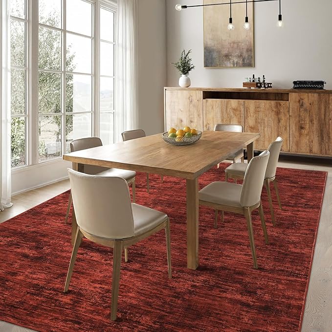 RUGSREAL Area Rug 5x7 Machine Washable Area Rug for Living Room Non-Slip Stain Resistant Modern Abstract Bedroom Rug Contemporary Solid Throw Rug Foldable Accent Floor Carpet for Dining Room, Red