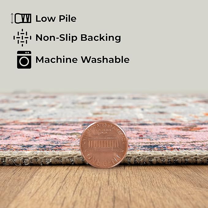 GLN Rugs Traditional Collection - Machine Washable Area Rug, Traditional Washable, Non Slip, Low Pile Chenille Rug, Living Room, Bedroom, Kitchen Rug (6' x 9' Pink/Blue/Multicolor)