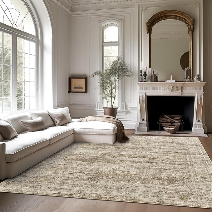 Area Rug 10x12 Vintage Washable Living Room Large Carpet Non Slip Bedroom Indoor Office Dining Room Low Pile Thin Rug Brown
