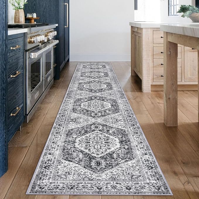 KOZYFLY Runners for Hallways 2x12 Ft Extra Long Washable Kitchen Runner Rug Boho Runner Rug for Entryway Indoor Printed Faux Wool Stair Runner Floor Carpet for Stair Kitchen Hall, Grey