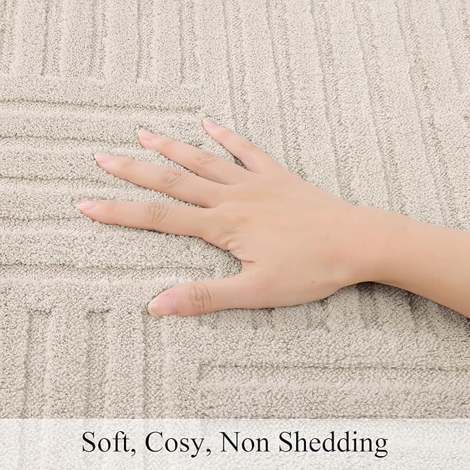 SHACOS Soft Cozy Fluffy Arch Pattern High Low Pile Area Rugs 3'x5' Non Slip Washable Scandinavian Minimalist Rug Modern Geometric Arc Carpet for Living Room Bedroom Dining Room, Beige