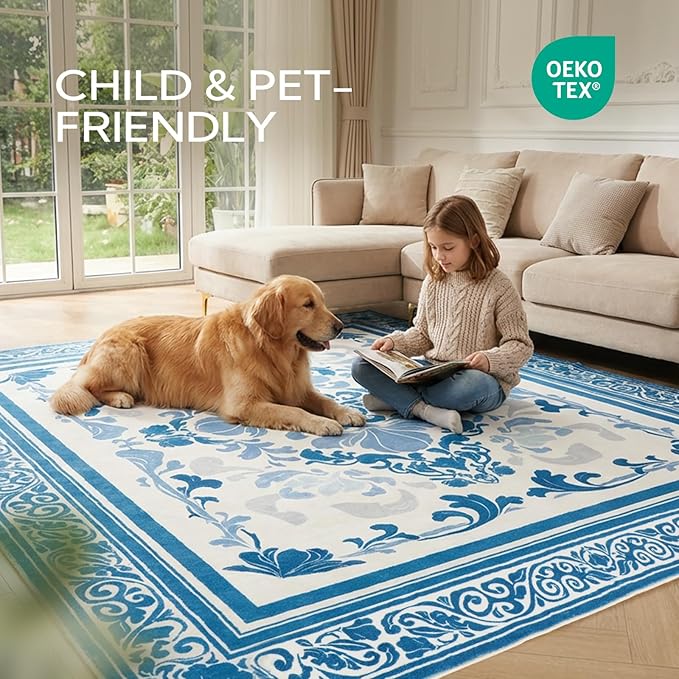 SOULFUL Medium Pile 8x10 Rugs for Living Room - Soft Foot Feel Large Area Rug - Blue Boho Floral - Washable Non-Slip - Perfect for Bedroom Kids Room Under Dining Table Office