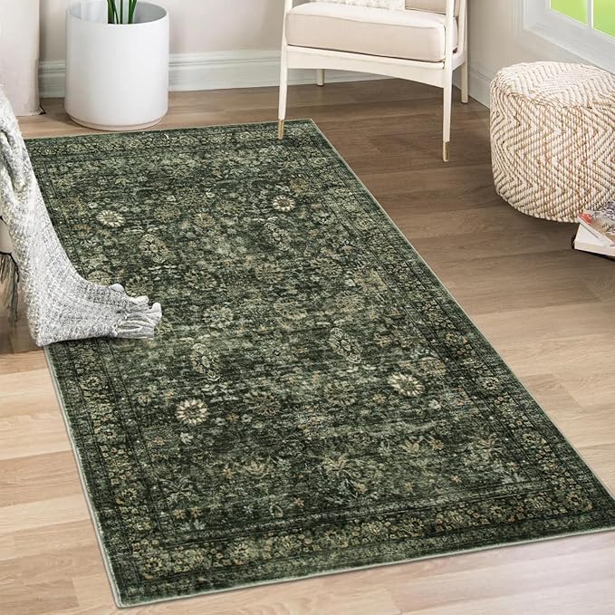 Morebes Vintage Throw Rugs, 3x5 Washable Rug Non Slip, Soft Area Rug for Bedroom, Distressed Non-Shedding Floral Rug for Entryway Bathroom Kitchen Foyer Bedside Playroom Christmas Decor,Dark Green