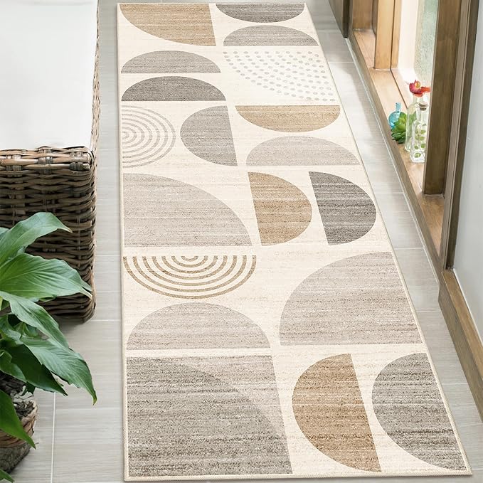 MUJOO Boho Runner Rug Washable,2x6 Area Rugs for Hallways Kitchen Bathroom Bedroom Entryway,Non Slip Carpet Long Mat Indoor,Soft Modern Abstract Bohemian Neutral Beige