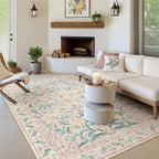 Morebes Floral Pink Rugs for Bedroom Girls, Washable 5x7 Large Area Rug for Living Room Non Slip, Vintage Low-Pile Indoor Floor Boho Flower Carpet for Kids Nursery Playroom, Light Pink&Green