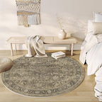 6x6 Washable Brown Round Rug Vintage Living Room Bedroom Circle Rug Non-Slip Soft Low Pile Distressed Indoor Carpet for Kitchen Dining Room Office