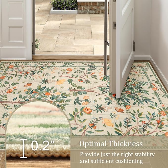 Morebes Washable 5x7 Sage Green Area Rug for Bedroom, Boho Floral Kids Room Rug Non Slip, Soft Flower Low-Pile Indoor Floor Throw Carpet for Dining Room Bedroom Home Office Playroom