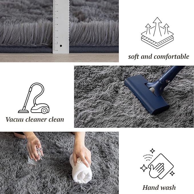 6x9 Area Rugs for Living Room Bedroom, Soft Fluffy Shaggy Bedside Rug, Indoor Floor Carpet for Kids Playroom, Dorms, Nursery Rooms, Home Decor (Grey 6'x9')