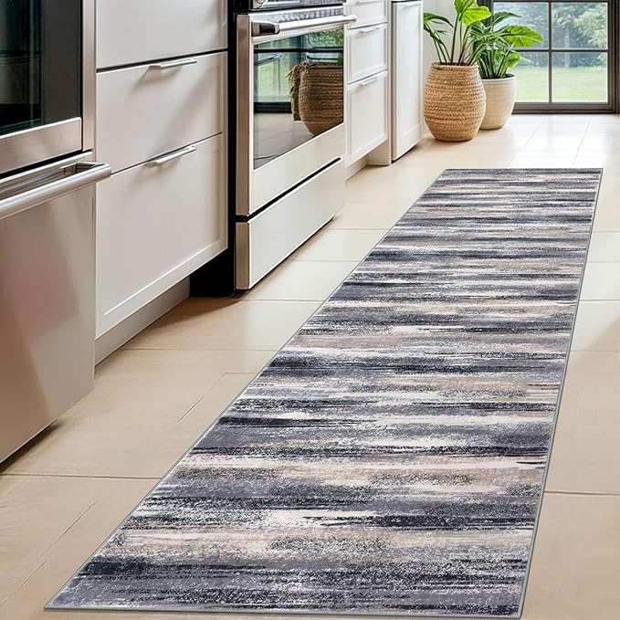 Modern Abstract Hallway Runner Rug, Grey Black Multi Washable Kitchen Runner Non-Slip Soft 2x8 Runner Rug Thin Print Faux Wool Carpet for Entryway Bedroom Laundry Room Indoor Home Decor