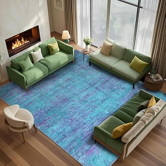 Abstract 6x9 Area Rug, Modern Teal Purple Throw Rugs for Living Room, Washable Soft Large Non-Slip Accent Carpet Floor Mat for Dining Room Office Bedroom - Teal+Purple
