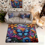 Colorful Butterfly 5x7 Area Rug Rainbow Flowers Living Room Rug | Rustic Butterflies Rugs for Bedroom, Watercolor Beetles Aesthetic Animal Carpet Indoor Floor Mat