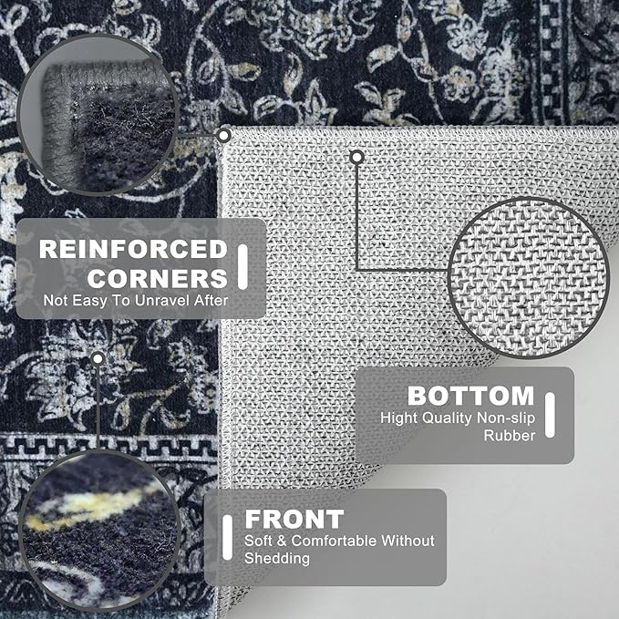 KILOCOCO Area Rug 4x6 Entryway Rug Washable Printed Vintage Floral Rubber Backed Non Slip Indoor Kitchen Rugs for Laundry Room Playroom Bedroom Living Room Moroccan Area Rugs, Navy/Charcoal