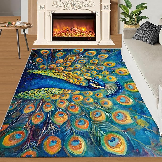 Peacock Area Rug 6x8-6x8 Rug, Wonderful Peacock Rugs for Living Room, Teal Turquoise Carpet, Peafowl Washable Area Rugs for Bedroom, Aesthetics Carpet - Peafowl Home Decor & Gifts
