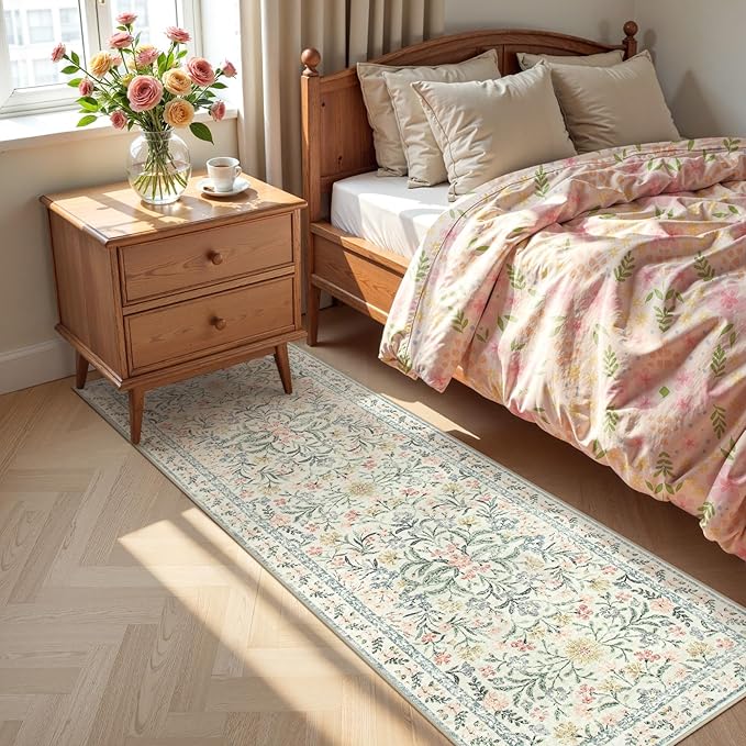 Lahome Washable Runner Rug 2x6, Boho Kitchen Runner Rugs 24 x 72 Non Slip,Vintage Indoor Throw Carpet for Bedside Hallway Entry Bedroom Laundry, Beige/Multi