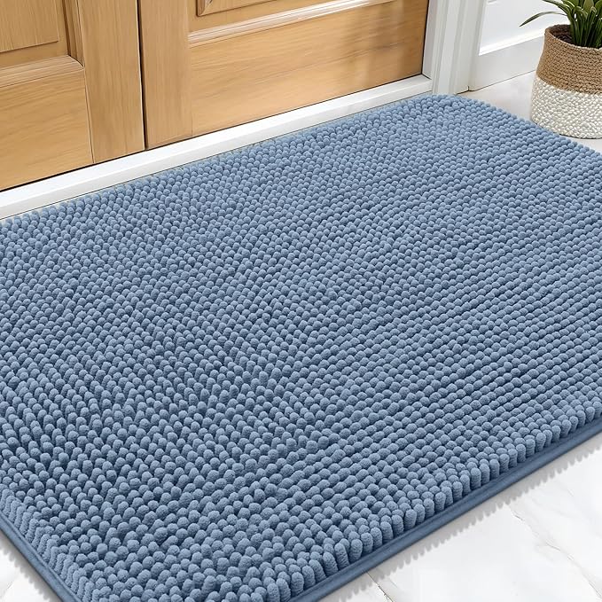 OLANLY Dog Door Mat for Muddy Paws 32x20, Absorbs Moisture and Dirt, Absorbent Non-Slip Washable Doormat, Quick Dry Chenille Mud Mat for Dogs, Entry Indoor Entryway Carpet for Inside Floor, Airy Blue