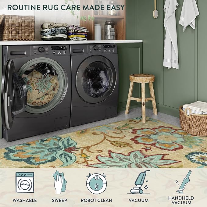 Lahome Floral Living Room Rug - 3x5 Area Rugs for Bedroom Machine Washable Non-Slip Throw Kitchen Entryway Rug Soft Beige Paisley Print Distressed Capet for Office Laundry Room Dining Room Bathroom