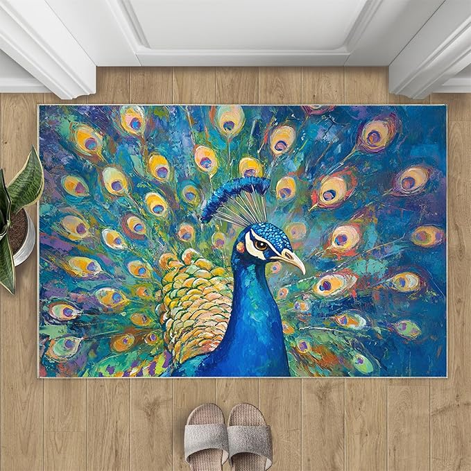 Peacock Rug Small - 2x3 Rug, Turquoise Teal Peafowl Washable Rugs for Living Room, Peafowl Decor Carpet, Modern Style Non-Slip Area Rugs for Bedroom, Aesthetics Carpet - Peafowl Home Decor & Gifts