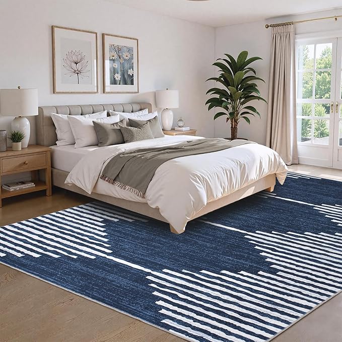 HelloTree Area Rug for Living Room 9x12 Washable Geometric Moroccan Rug Stripe Farmhouse Bohemian Minimalistic Non Slip Non Shedding Ultra Thin Soft Rug for Bedroom Office DiningRoom Nursery-Blue