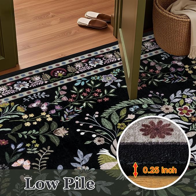 5x7 Area Rugs Living Room Rug: Vintage Washable Rug Floral Soft Carpet Indoor Floor Non-Slip Boho Stain Resistant Large Carpets for Bedroom Kids Nursery Dining Room Farmhouse Home Office Black
