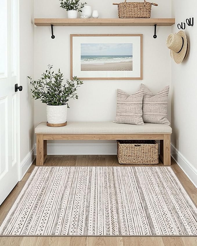 LUMI Ultra Thin Door Mat, 24x36 Non Slip Indoor Doormat Entrance Washable Rugs Entryway Oriental Vintage Soft Carpet for Kitchen Bedroom Front Door, White and Brown